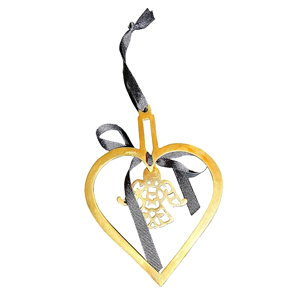 Vintage Brass Heart With Center Angel & Black Ribbon Christmas Ornament 6"X4.5" - Picture 4 of 9